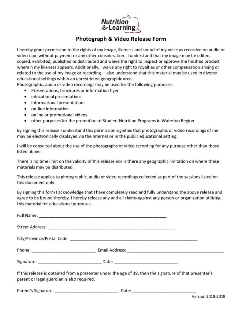 Photo And Video Release Form Program Coordinator Resources